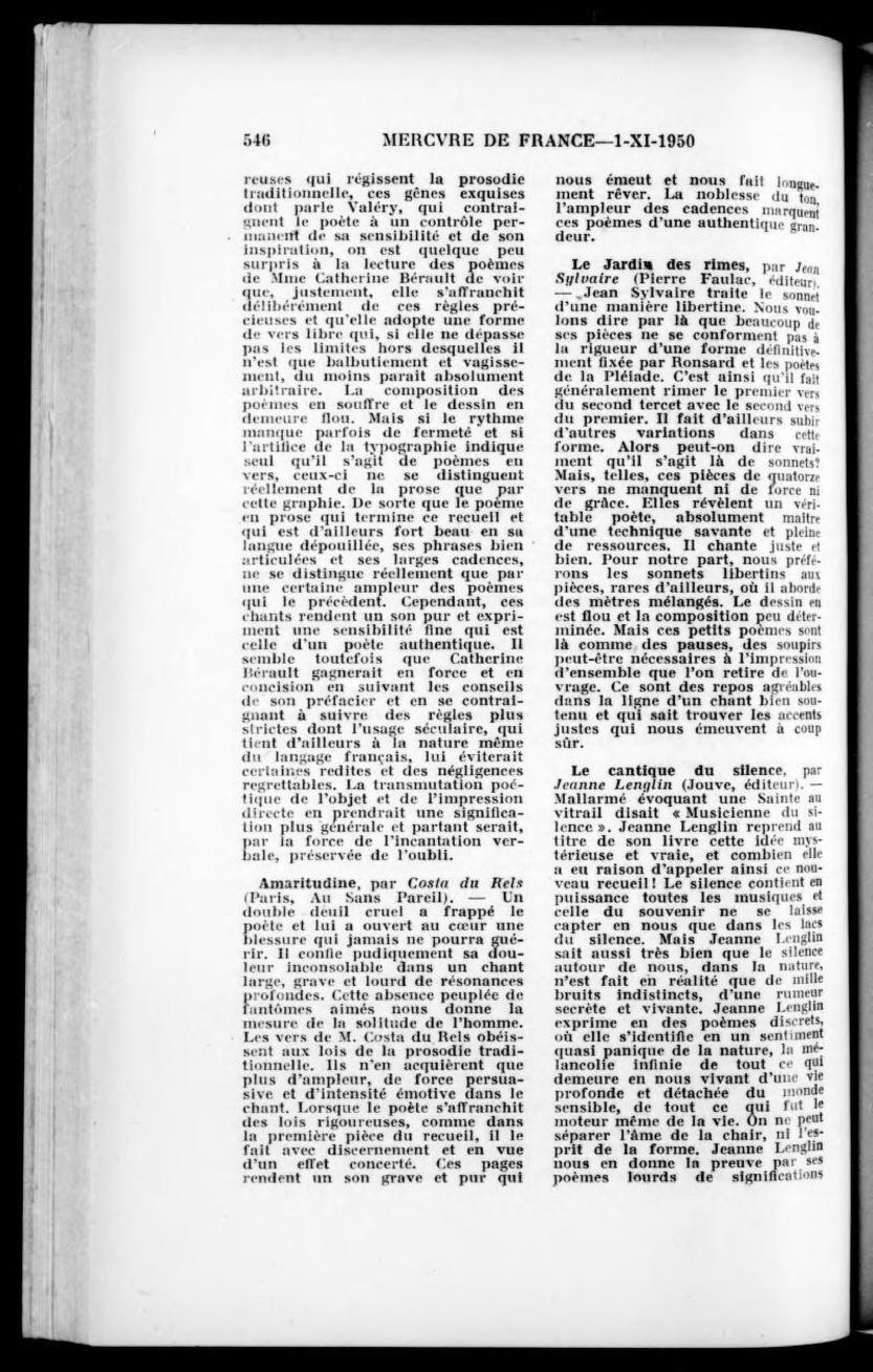 Jean Pourtal de Ladevèze, «Amaritudine», Mercure de France, 1° de noviembre de 1950, p. 546.